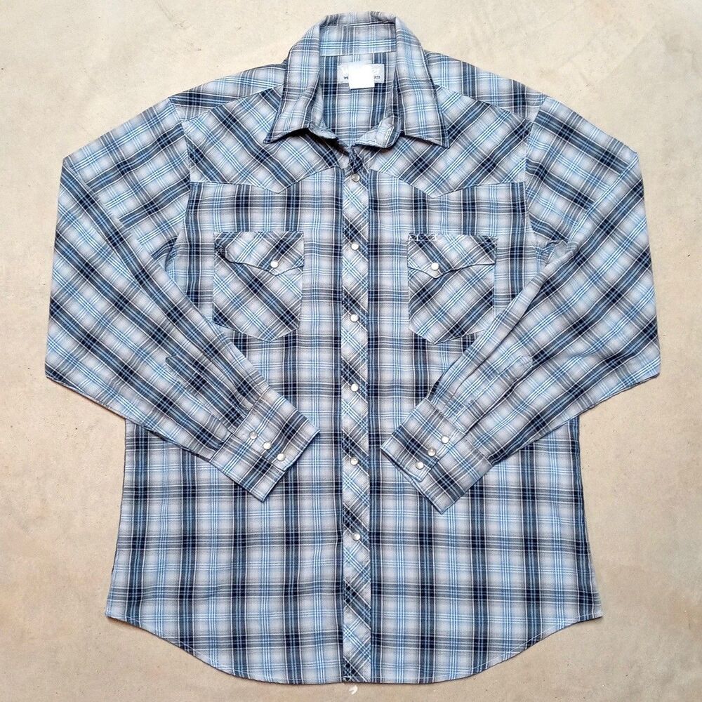 Vintage Wrangler Mens LARGE Western Shirt Plaid Pearl Snap Cowboy Rodeo